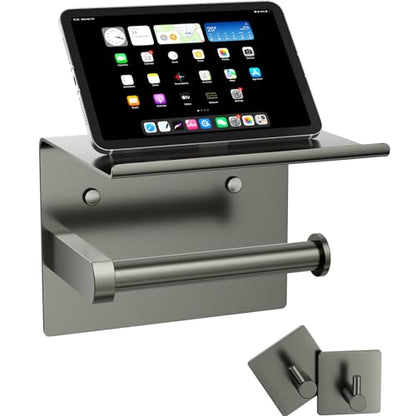 Tindbea Mega Size Toilet Paper Holder with Shelf + Towel Robe Hooks, Adhesive or Screw Wall Mounted Toilet Paper Roll Holder, Stainless Steel Bathroom Hardware Set (Polished Grey) - color: Polished Grey, size: Large