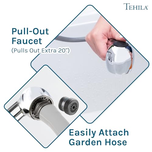JS Jackson Supplies Dual Handle Pull Out Faucet, Chrome Finish, 4 Inch Center Set, Universal Utility Sink or Laundry Tub ABS Plastic Faucet with Spray Setting - color: Chrome
