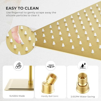 10 Inch Rain Shower Head, Square Rainfall & High Pressure, 304 Stainless Steel, 1/16" Ultra Thin, Waterfall Full Body Coverage with Silicone Nozzle, Brushed Gold - color: Golden, size: 10 Inch