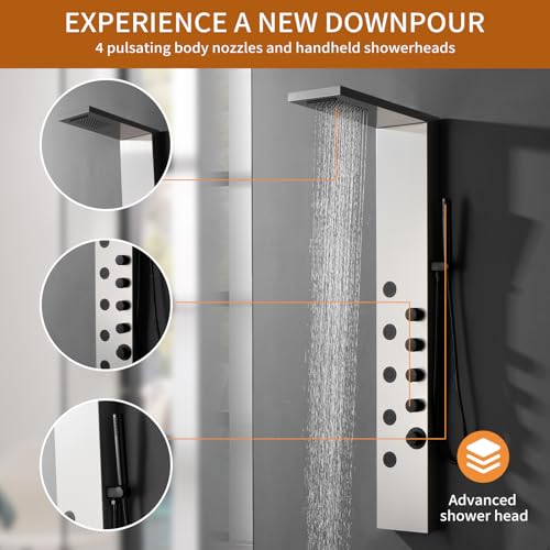 Shower Wall Panel Rainfall Bathroom Shower Tower with 4-Functions, Rainfall Body Massage, Wall Mount Brushed Nickel - color: Brushed Nickel