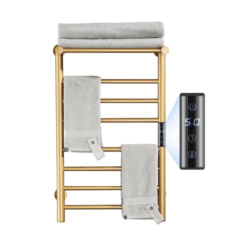 Gold Heated Towel Warmer Rack, Electric Heated Towel Drying Rack for Bathroom Radiator 70W, 7 Bar Wall Mounted Heated Towel Rail with Top Shelf Stainless steel Towel Warmer, 72*45*25Cm(Plug In)