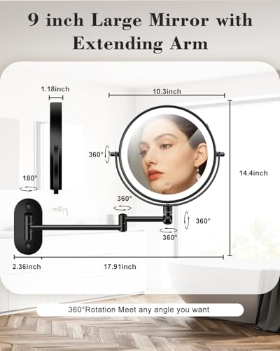 20X 9" Wall Mounted Magnifying Makeup Mirror with Light Height Adjustable | 5000mAh Double Sided Rechargeable LED Lighted Vanity Mirror with Magnification 3 Color Light up Extended Arm 360 Rotation - color: 9inches-black