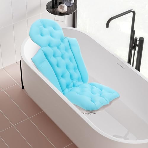 Ciieeo Adult Bath Cushion and Non-Slip Bathtub Mat with Suction Cups, Full Body Bath Pillow Headrest for Neck and Back Support, Blue for Relaxing Bathtub Use