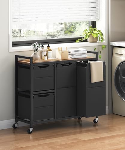 HOOBRO Laundry Sorter with 4 Section, 34 Gal. (127 L) Laundry Hamper with Wheels, Rolling Laundry Basket with Shelf, Pull-Out Detachable Bags, Side Pockets, Rustic Brown and Black BF14XY01N1 - color: Rustic Brown + Black