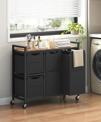 HOOBRO Laundry Sorter with 4 Section, 34 Gal. (127 L) Laundry Hamper with Wheels, Rolling Laundry Basket with Shelf, Pull-Out Detachable Bags, Side Pockets, Rustic Brown and Black BF14XY01N1 - color: Rustic Brown + Black
