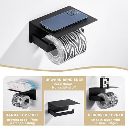 Angle Simple Toilet Paper Holder with Shelf Matte Black, Tissue Roll Holder | SUS304 Stainless Steel Bathroom Toilet Roll Hanger, Fit Most Rolls, Top Shelf for Placing Phones Wet Wipes, Screw Wall Mount - color: Matte Black, size: Single Rod