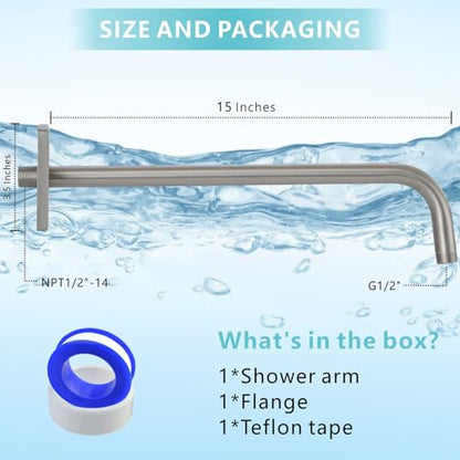 Shower Arm with 3.5" Flange, 15 Inch Wall Mount Replacement Shower Head Arm For Fixed Shower Heads and Handheld Showerhead, Brushed Nickel - color: Brushed Nickel, style: 15 Inch
