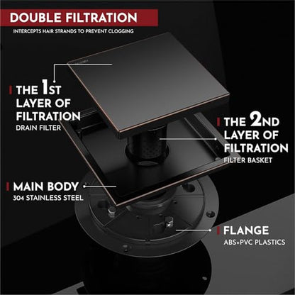 6 Inch Square Shower Drain Bronze Floor Drain with Flange Reversible 2-in-1 Cover Tile Insert Grate Removable SUS304 Stainless Steel CUPC Certified Oil Rubbed Bronze - color: Oil Rubbed Bronze, size: 6 Inch