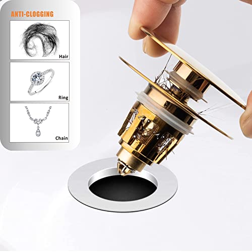 Universal Bathroom Sink Drain Stopper, Fits Most Pop-Up Drains for Vessel Sink Lavatory Vanity, Sink Drain Strainer with Detachable Hair Catcher, Tested by Plumber in US (Polished Brass) - color: Polished Brass