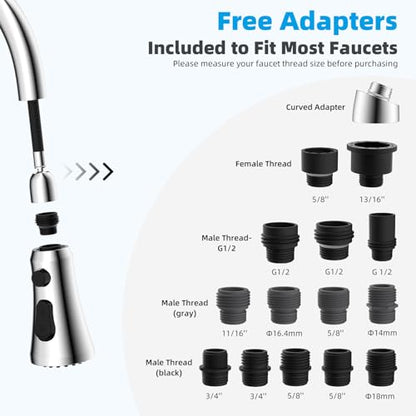 Hibbent Pull Down Kitchen Faucet Head Replacement, 3-Function NSF/ANSI/CAN 61 & CUPC Certified Sink Spray Nozzle, 15 Adapters, Compatible with Moen, Delta, Kohler Faucets, Chrome (Shiny Silver) - color: Chrome, style: Stay on sprayer without hold button