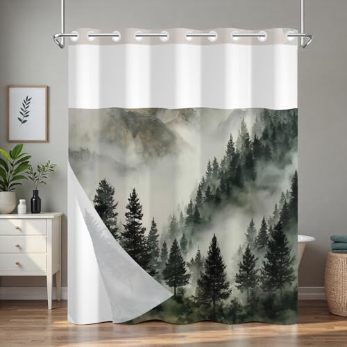 Misty Forest Shower Curtains for Bathroom, No Hook Shower Curtain with Snap in Liner and Sheer Top Window, 71x74 Inches Farmhouse Double Layer Waterproof Bathroom Shower Curtain Sets with Weighted Hem - color: Mountain Forest