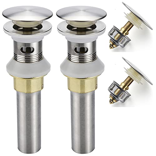 Rockgoya Bathroom Sink Drain,2 Pack Drain Stopper Bathroom Sink with Overflow,Pop Up Drain Assembly with Detachable Strainer Basket,Built-in Anti-Clogging Strainer,Stainless Steel Brushed Nickel - color: Brushed Nickel-2 Pack, style: With Overflow