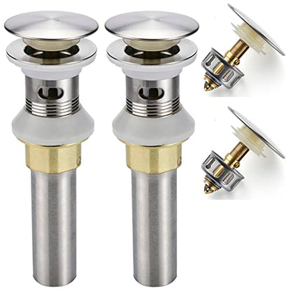 Rockgoya Bathroom Sink Drain,2 Pack Drain Stopper Bathroom Sink with Overflow,Pop Up Drain Assembly with Detachable Strainer Basket,Built-in Anti-Clogging Strainer,Stainless Steel Brushed Nickel - color: Brushed Nickel-2 Pack, style: With Overflow