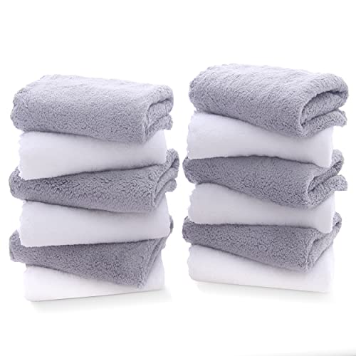 TENSTARS 12 Pack Premium Washcloths Set - Quick Drying- Soft Microfiber Coral Velvet Highly Absorbent Wash Clothes - Multipurpose Use as Bath, Spa, Facial, Fingertip Towel (Grey and White) - color: Grey and White, size: 12 Piece Washcloths