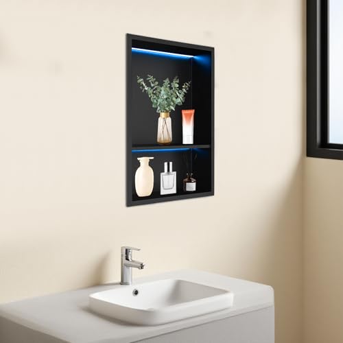 12 * 18In RGB LED Light Shower Niche, 2-Tier Stainless Steel Recessed Storage with Remote Control, Black No Tile Needed Wall Niche for Bathroom Storage Built-in Installation (12x18in RGB) - size: 12x18in RGB