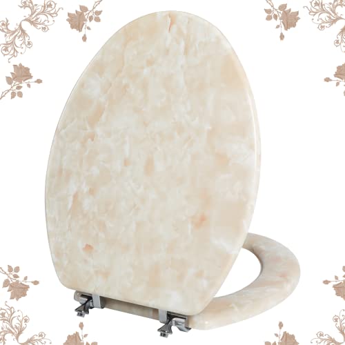 Elongated Toilet Seat Natural Wood Toilet Seat with Zinc Alloy Hinges, Easy to Install also Easy to Clean, Anti-pinch Marble Toilet Seat by Angol Shiold (Elongated, Beige Pink) - color: Beige Pink, size: Elongated-18.5”