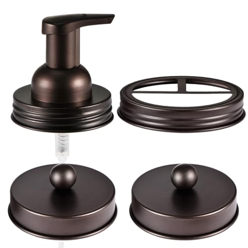 Mason Jar Bathroom Accessories Set(4pcs)-Jars Not Included-Bronze | Foaming Soap Dispenser and Apothecary Jars Lids for Regular Mouth jar, Wide Mouth Toothbrush Holder lid, Farmhouse Decor - color: Bronze, size: 1 Wide Mouth, 3 Regular Mouth