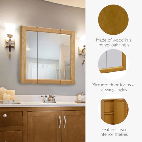 Design House Claremont Tri-View Medicine Cabinet, 24", Honey Oak | Wall Mount, Transitional, Wood, Bath, 545277-HOK - color: Honey Oak, size: 24 in. W x 24 in. H