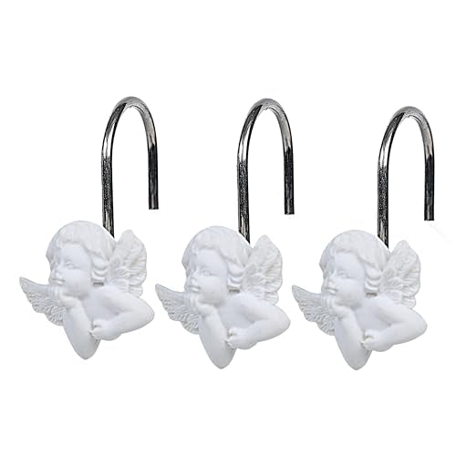Twofish Home White Angel Shower Curtain Hooks Anti Rust Shower Curtain Hooks Decorative Resin White Angel Shower Curtain Rings Set of 12 - color: White Angel-1