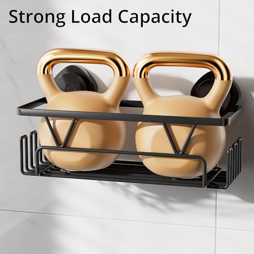 KEGII Suction Cup Shower Caddy with Hooks, No Drill Bathroom Organizer | Large Capacity Stainless Steel Shelf, Heavy Duty Hold for Shampoo and Body Wash on Smooth Surfaces, Black - color: Black