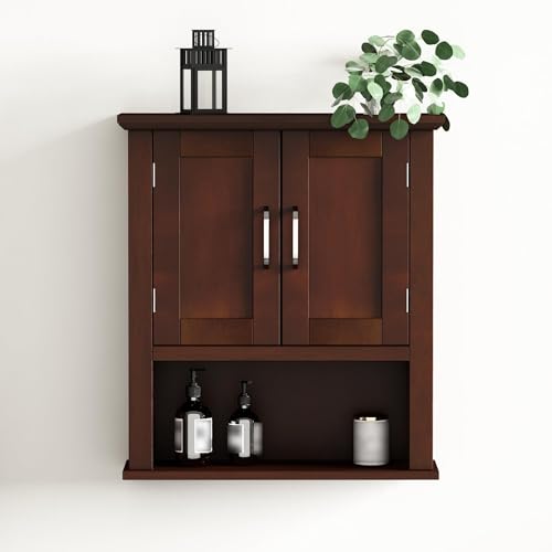 ChooChoo Wood Bathroom Wall Cabinet with Door, Dark Cherry Medicine Cabinet | Rustic Over The Toilet Storage Cabinet, Adjustable Shelf, Open & Concealed Storage, 7.5 x 21.6 x 24 Inches - color: Dark Cherry