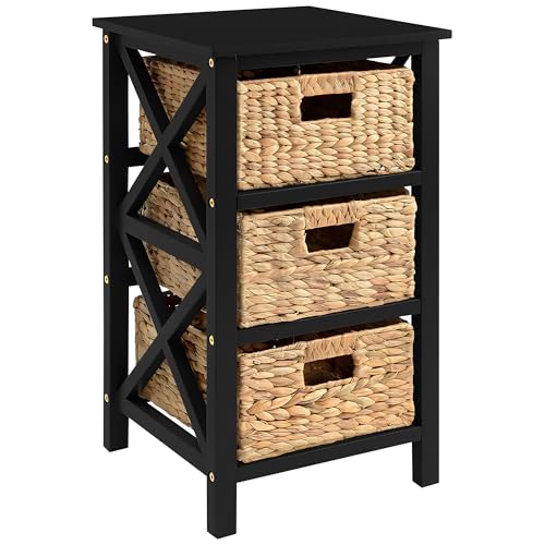 3 Tier X-Side End Table, Black | 3 Wicker Baskets, For Bedside, For Living Room - color: Black, size: 14"D x 14"W x 25"H (3 Drawers)