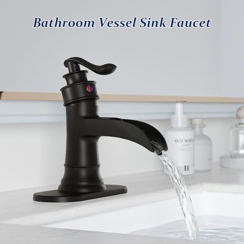 BWE Brass Matte Black Waterfall Bathroom Faucet for Farmhouse & Classic | Wide Waterfall Spout, Ceramic Cartridge, Fits 1 or 3-Hole Sink, Single Handle, Handware Included, Easy Install - color: Black