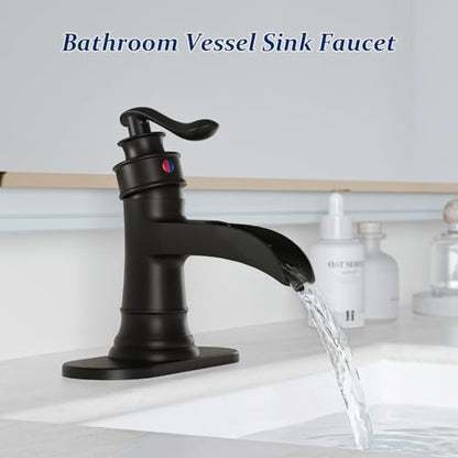 BWE Brass Matte Black Waterfall Bathroom Faucet for Farmhouse & Classic | Wide Waterfall Spout, Ceramic Cartridge, Fits 1 or 3-Hole Sink, Single Handle, Handware Included, Easy Install - color: Black