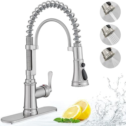 Pull-down Sprayer Kitchen Faucets Brushed Nickel 3 Mode Single Hole Kitchen Faucet 3 Hole, 360 Degree Swivel Stainless Steel Faucet for Kitchen Sink, 1 Handle Kitchen Sink Faucet with Deck Plate - color: Brushed Nickel - Modern