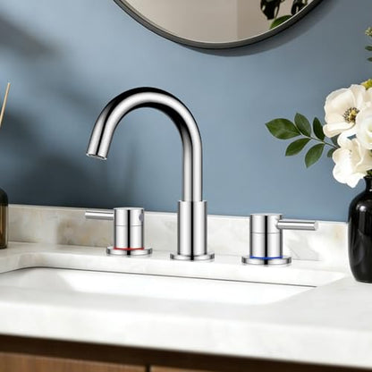 FGKQ 3-Hole 2-Handle Widespread Bathroom Sink Faucet, Chrome | Stainless steel, pop-up drain included, 360°swivel spout, for vanity sink 3-hole mount, 8-in widespread - color: Chrome