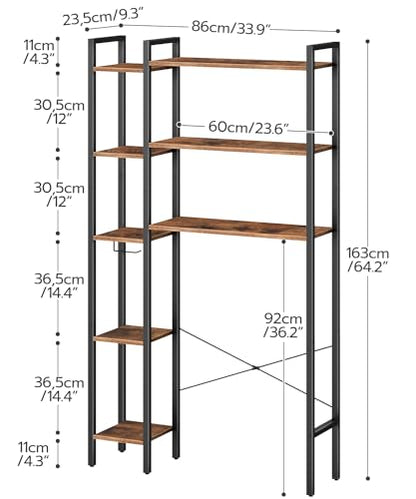 HOOBRO Over The Toilet Storage, 8-Tier Bathroom Organizer Over Toilet Shelf, Storage Rack Above Toilet Stand, Freestanding Space Saver, Toilet Paper Holder, Rustic Brown and Black BF86TS01