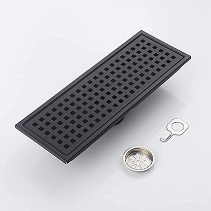 12 Inch Rectangular Shower Floor Drain, Detachable to Insert The Mesh Grille Cover, SUS304 Stainless Steel, Matt Black - color: Matt Black
