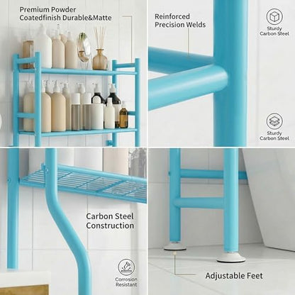 GloTika 3-Tier Over Toilet Storage, Anti-Tilt, 64" H, Blue | Anti-Tilt Safety System, 150lb Capacity, Carbon Steel, Freestanding, No Drilling, Anti-Rust Coating, Paper Holder & 4 Hooks - color: Blue, size: 3-Tier