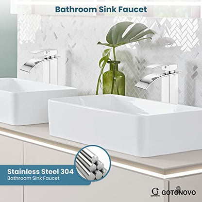 gotonovo Waterfall Tall Bathroom Faucet 1 Hole No Drain, Polish Chrome | Modern Vessel Sink Faucet Single Handle 304 Stainless Steel,24” cUPC Supply Hoses,for Bowl Basin Lavatory Vanity Restroom RV - color: Chrome