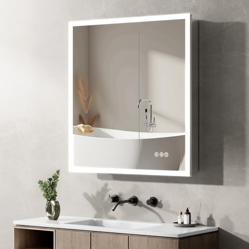30"x32" Medicine Cabinet Mirror, LED Lighted Medicine Cabinet with Electrical Outlet＆USB, Anti-Fog, 3 Colors Temperature Stepless Dimmable, Aluminum Cabinet for Storage and Mordern Decor - size: 30"x32"