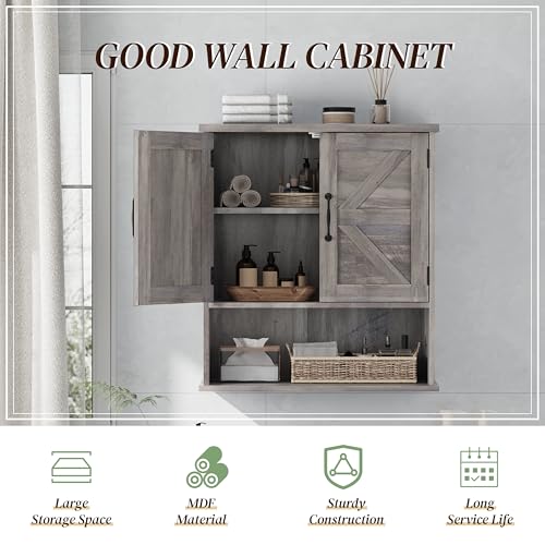 Smuxee Farmhouse Bathroom Cabinet Wall Mounted, Washed Grey Small Medicine Cabinet with Adjustable Shelf, Bathroom Cabinet for Living Room, Laundry Room - color: Washed Grey, size: Small