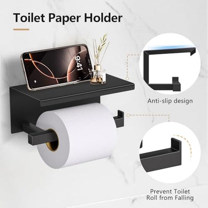 TQKAG 5-Pieces Matte Black Bathroom Hardware Accessories Set 23.6" SUS304 Stainless Steel Towel Bar Set Wall Mounted Square Toilet Paper Holder with Shelf - color: Matte Black, size: 5-Pieces Set-B
