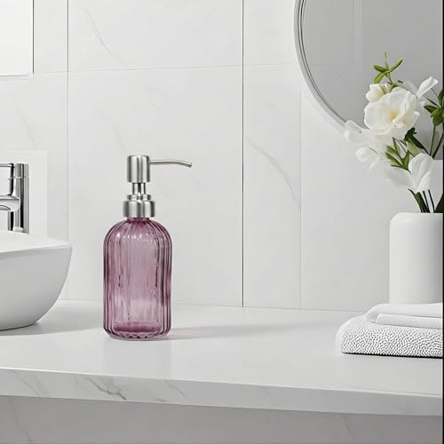 14Oz Purple Glass Soap Dispenser Bathroom, Stainless Steel Pump, Stripe | Clear Glass Liquid Hand Soap Dispensers, Refillable Dish Soap Dispenser for Kitchen, Countertop Soap Dispensers - color: Purple