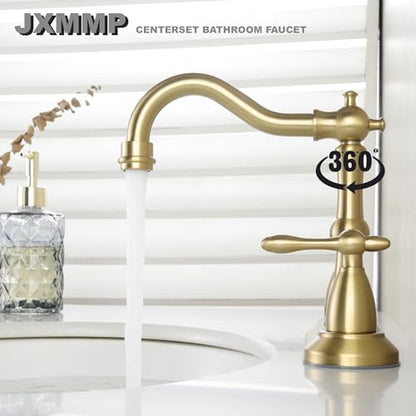 Brushed Gold Bathroom Faucet, Stainless Steel 4 inch Centerset Bathroom Faucet with Drain and Supply Hose, 2 Hole Gold Faucet for Bathroom Sink - color: Brushed Gold