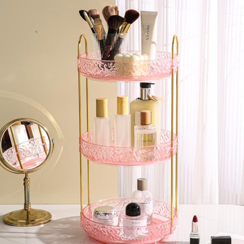 Fangoo Rotating Makeup Organizer for Vanity, 360 Spinning Cosmetic Storage, Perfume Holder for Bathroom Countertop or Dresser (Pink, 3 Tiers) - color: Pink, size: 3 Tiers
