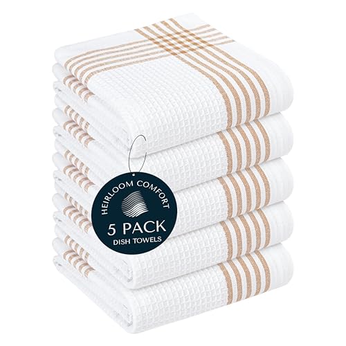 Brown and White Cotton Kitchen Towels 5 Pack, Waffle Weave, 16x26 Inch, Super Absorbent, Reversible, Quick Dry Dishcloths for Drying Dishes, Cleaning, Reusable, Everyday Use - color: Brown, White, style: 5 Pack