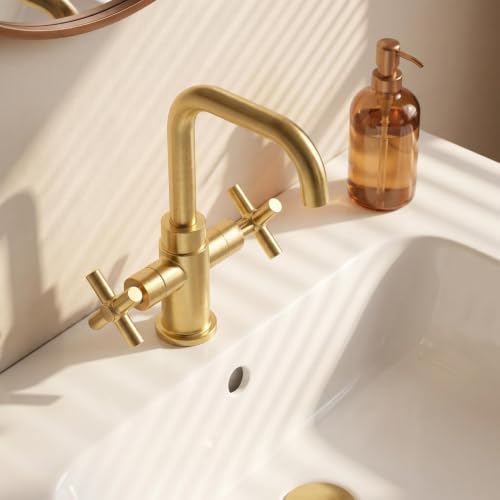 Modern Brushed Gold Bathroom Sink Faucet, 4 Inch Single Hole or 3 Hole Centerset, 2-Handle Cross Handle, 360-Degree Swivel Spout, 1.2 GPM Soft Water Flow, Pop Up Drain - color: Brushed Gold