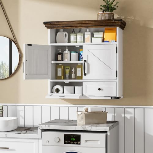 Bathroom Wall Cabinet, Farmhouse Medicine Cabinet with Door, 8.9"D x 25.6"W x 24.8"H, Wall Mounted Bathroom Cabinet with Adjustable Shelf, Wall Storage Cabinet for Laundry Room & Kitchen(White) - size: 8.9"D x 25.6"W x 24.8"H