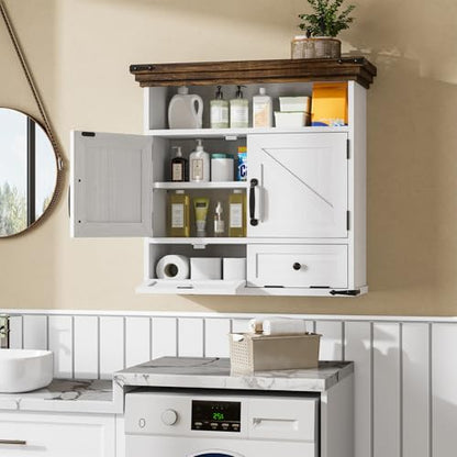 Bathroom Wall Cabinet, Farmhouse Medicine Cabinet with Door, 8.9"D x 25.6"W x 24.8"H, Wall Mounted Bathroom Cabinet with Adjustable Shelf, Wall Storage Cabinet for Laundry Room & Kitchen(White) - size: 8.9"D x 25.6"W x 24.8"H