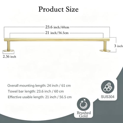 Brushed Gold 24 Inch Self Adhesive Towel Bar for Bathroom & Kitchen - color: Brushed Gold, size: 23.6 Inch