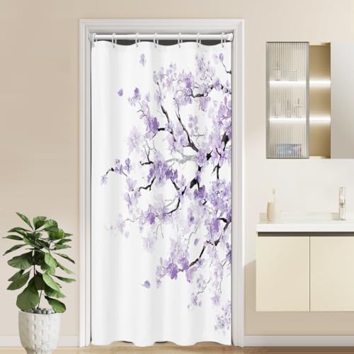 Stall Purple Floral Shower Curtain, Japanese, 7 Hooks, 36" W x 72" L | Lavender Sakura Watercolor Pattern, Elegant Cherry Blossom Art, Cute Girly Style, Short Small Mini Bathroom Decor - color: Purple White, size: 36"W x 72"L (Pack of 1)