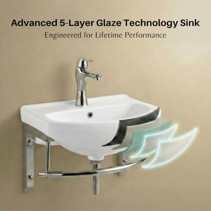 Renovators Supply Manufacturing Ridge 17 3/4 Inch Small Wall Mount Bathroom Sink Combo Grade A Vitreous China Solid Brass Faucet, Pop Up Drain & Stainless Steel Towel Bar in Chrome Finish, Overflow - color: Chroem