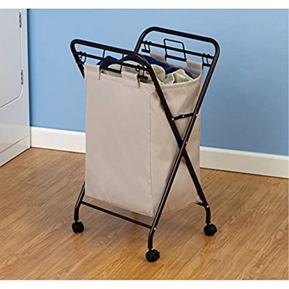 Household Essentials 7172 Rolling Laundry Hamper with Heavy-Duty Canvas Bag | Antique Bronze Frame - color: Natural/Bronze