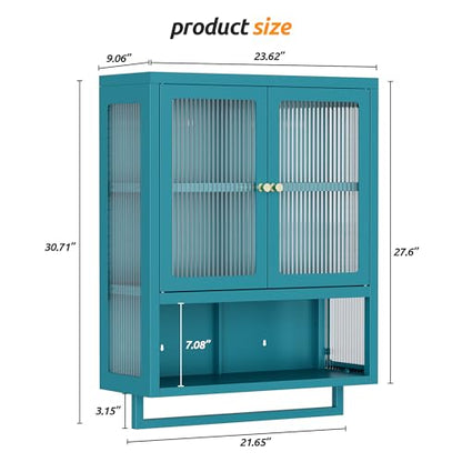 Bathroom Wall Cabinet with 2 Glass Door, Bathroom Medicine Cabinet with Towels Bar and Shelves, Over The Toilet Storage Cabinet, Metal Wall Mounted Cabinet for Kitchen (Blue) - color: Blue