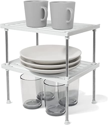 Stackable Kitchen Cabinet Organizer Set of 2 - White | Under Sink Cabinet Shelves and Storage, Pantry Storage Shelf Organizer, Kitchen Counter Shelf for Cupboard